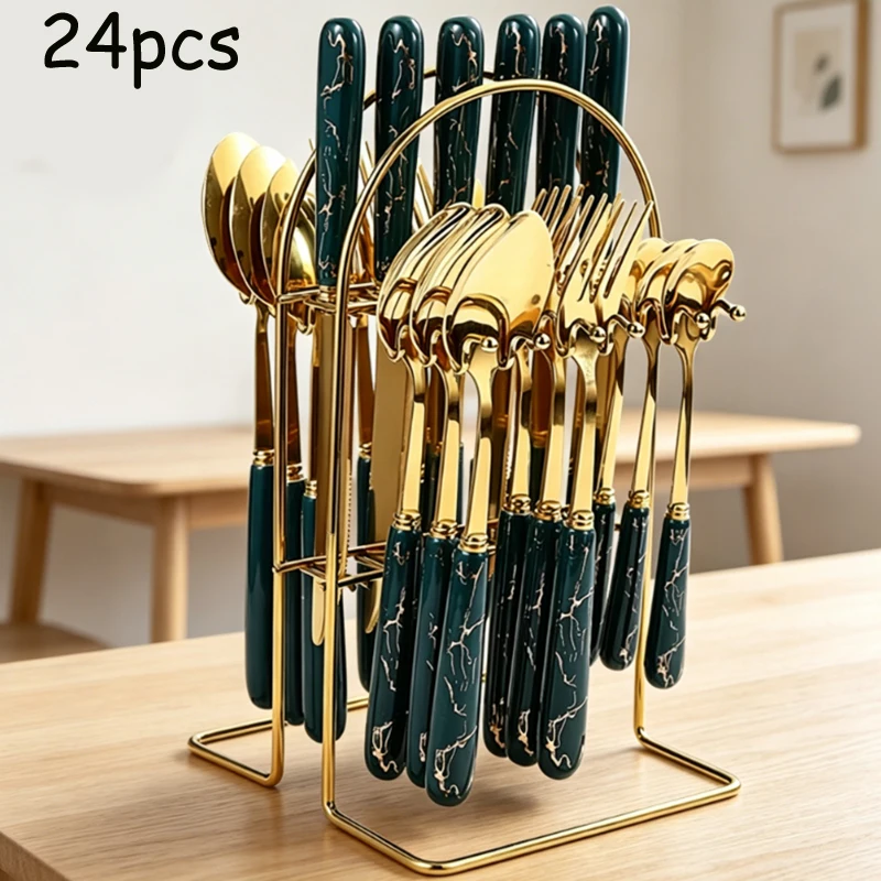 

24-piece cross-border stainless steel ceramic handle cutlery set with shelf dark green knife and fork, as a gift.