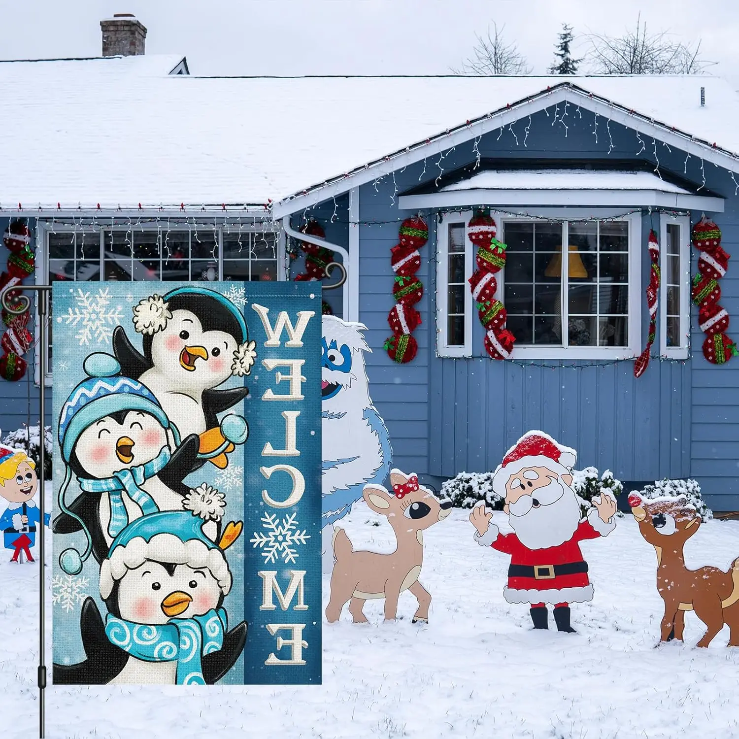Louise Maelys Winter Penguin Garden Flag Welcome Snowy 12x18 Inch Double Sided Holiday Christmas Xmas Seasonal Small Burlap  ZZM
