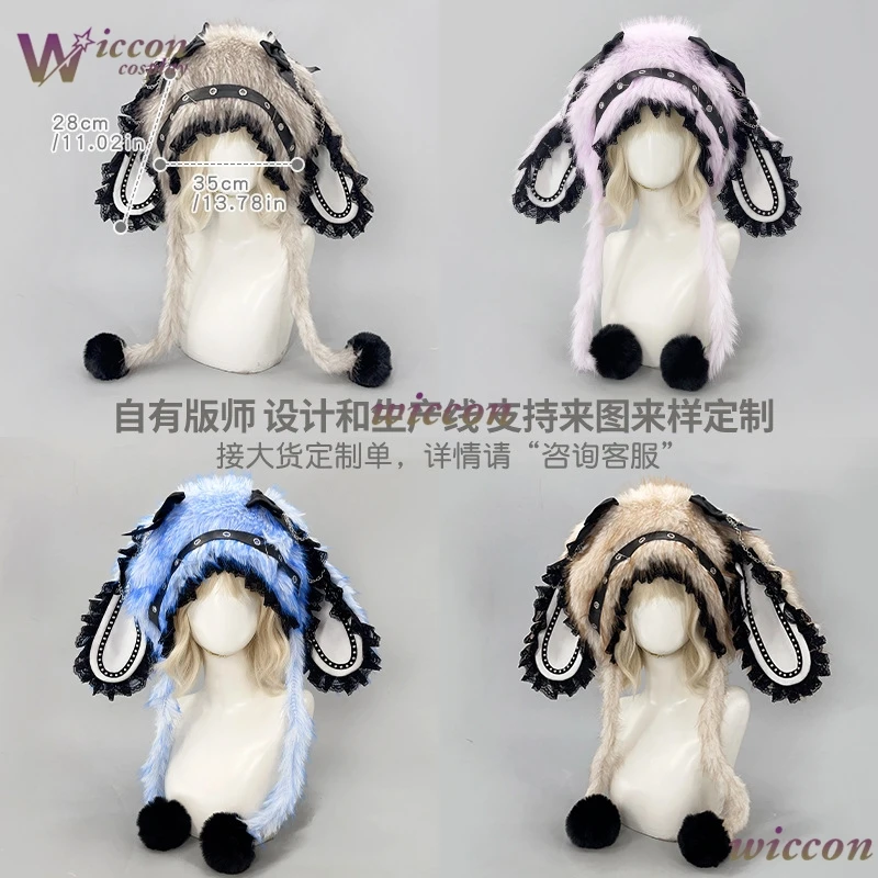 Y2K punk bunny ear hat with metal studs plush cap autumn and winter rabbit ear hat for Comic Con Halloween Party Prop