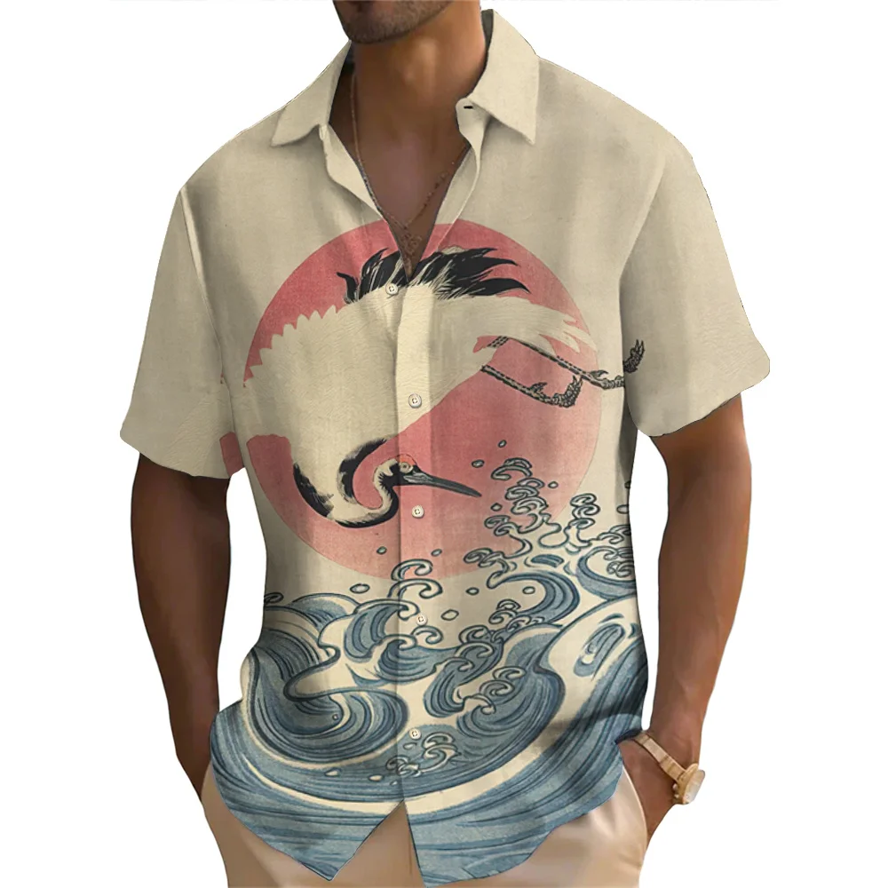 Japanese Men\'s Shirt Ukiyo-E Pattern Shirt Summer Casual Short Sleeved Tops T-Shirt 3d Fish Print Tees Oversized Men\'s Clothing