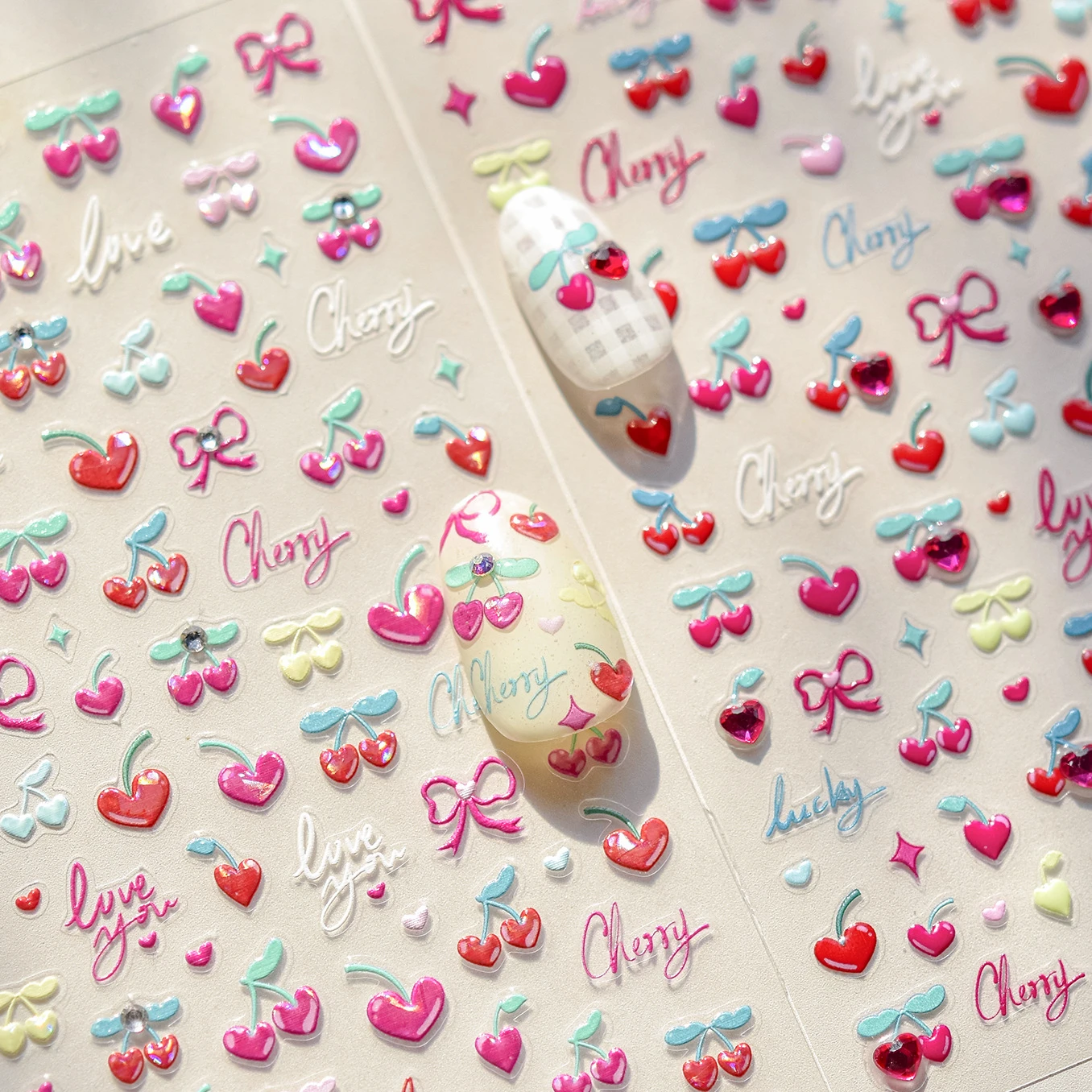 Rose Red Cherry Red Love Heart Crystal Cute Bowknot Shiny Rhinestones Colorful Glitter Powder Nail Art Stickers Manicure Decals