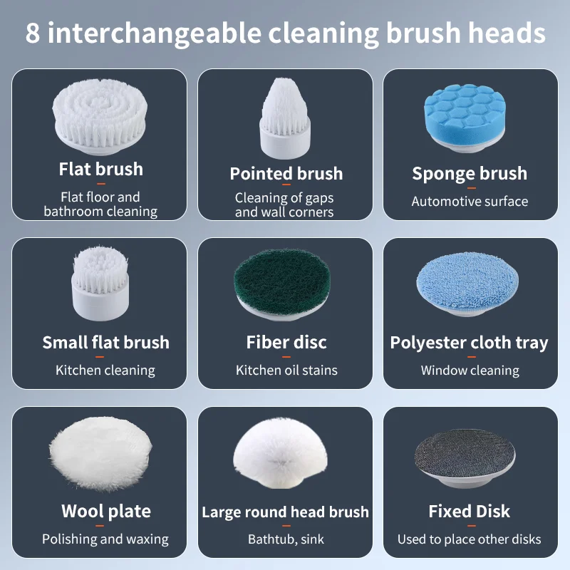 غسيل دوار كهربائي 9 رؤوس فرشاة بديلة، 3 أحجام قابلة للتعديل، بطارية 8000 مللي أمبير في الساعة، سرعات مزدوجة، تصميم محمول USB خفيف الوزن