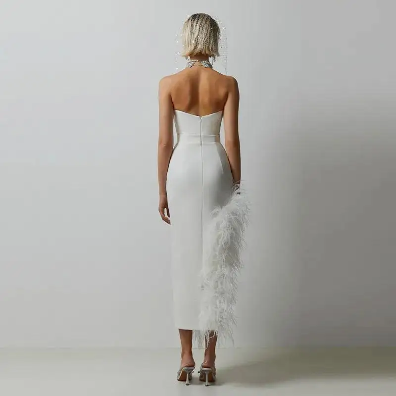 Women's Fashion Strapless Summer Dress Lady Elegant Dress Off Shoulder Natural Ostrich Feather Asymmetric