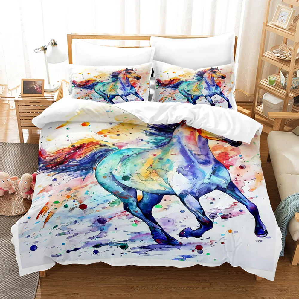 White Horse Bedding Set 3D Printed Luxury Soft Brushed Polyester King Queen Twin Size Duvet Cover Set Gift for Kids Boys Girls