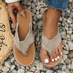 Summer New Style Flip-flops for Women, Fashionable Flat-soled Grass Woven Thong Beach Shoes, Large Size Sandals for Outer Wear