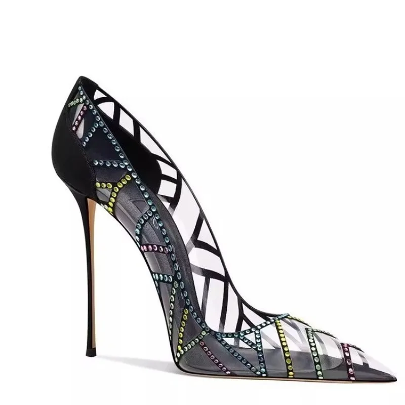 Zapatos de Tacón Alto Stiletto con Punta en Pico, Diseño Negro, Transparentes, Multicolores, con Pedrería, Novedad 2026 para Mujer