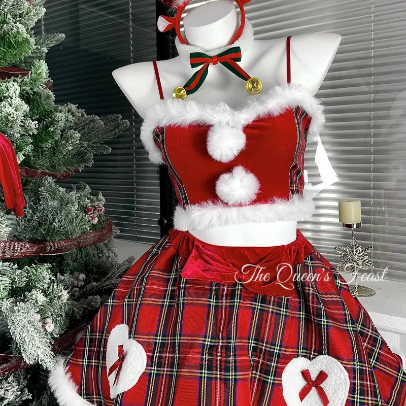 Kerst Outfit 2025 Winter Nieuwe Rode Fluwelen Raster Splicing 2 Stuk Zoete Cool Sexy Korte Rok Uniform Hot Girl Groep set Dames