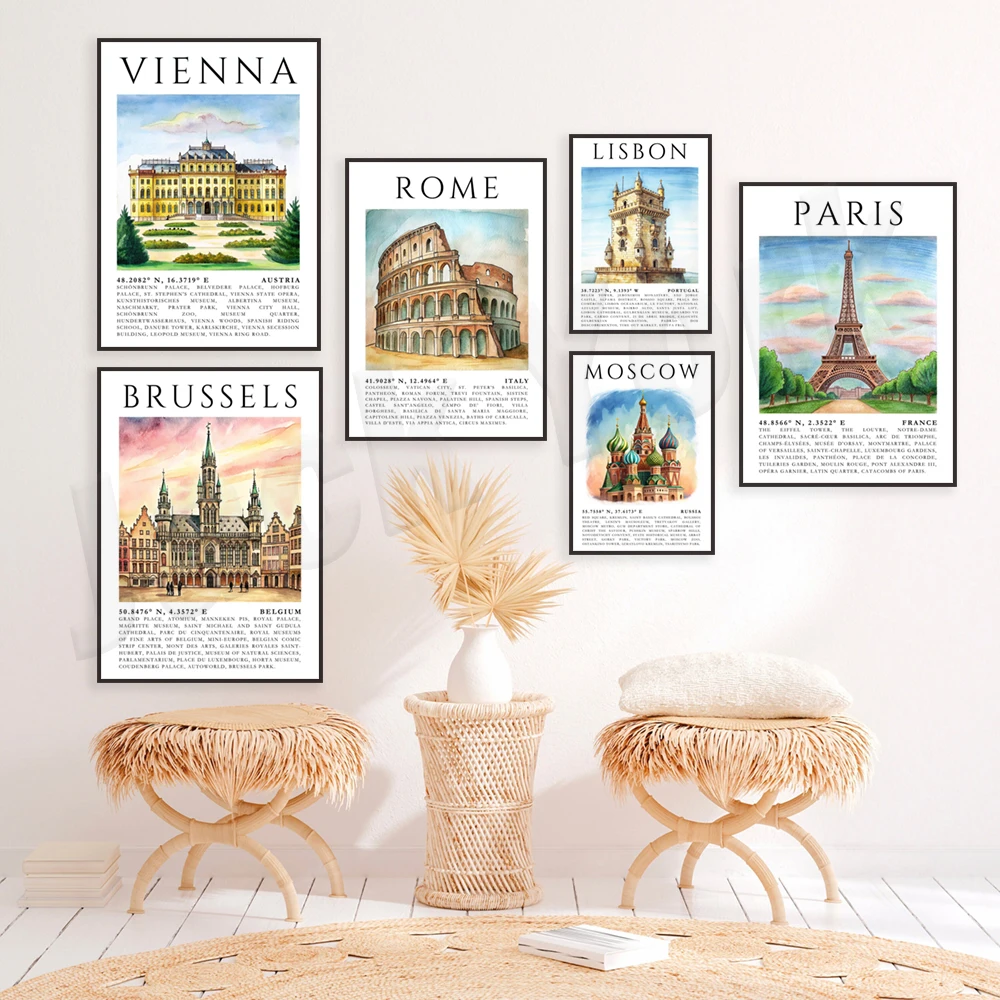 Travel posters for Barcelona, Amsterdam, Berlin, Athens, Budapest, Brussels, Turkey, Moscow, Paris, France, Lisbon, Rome, Vienna