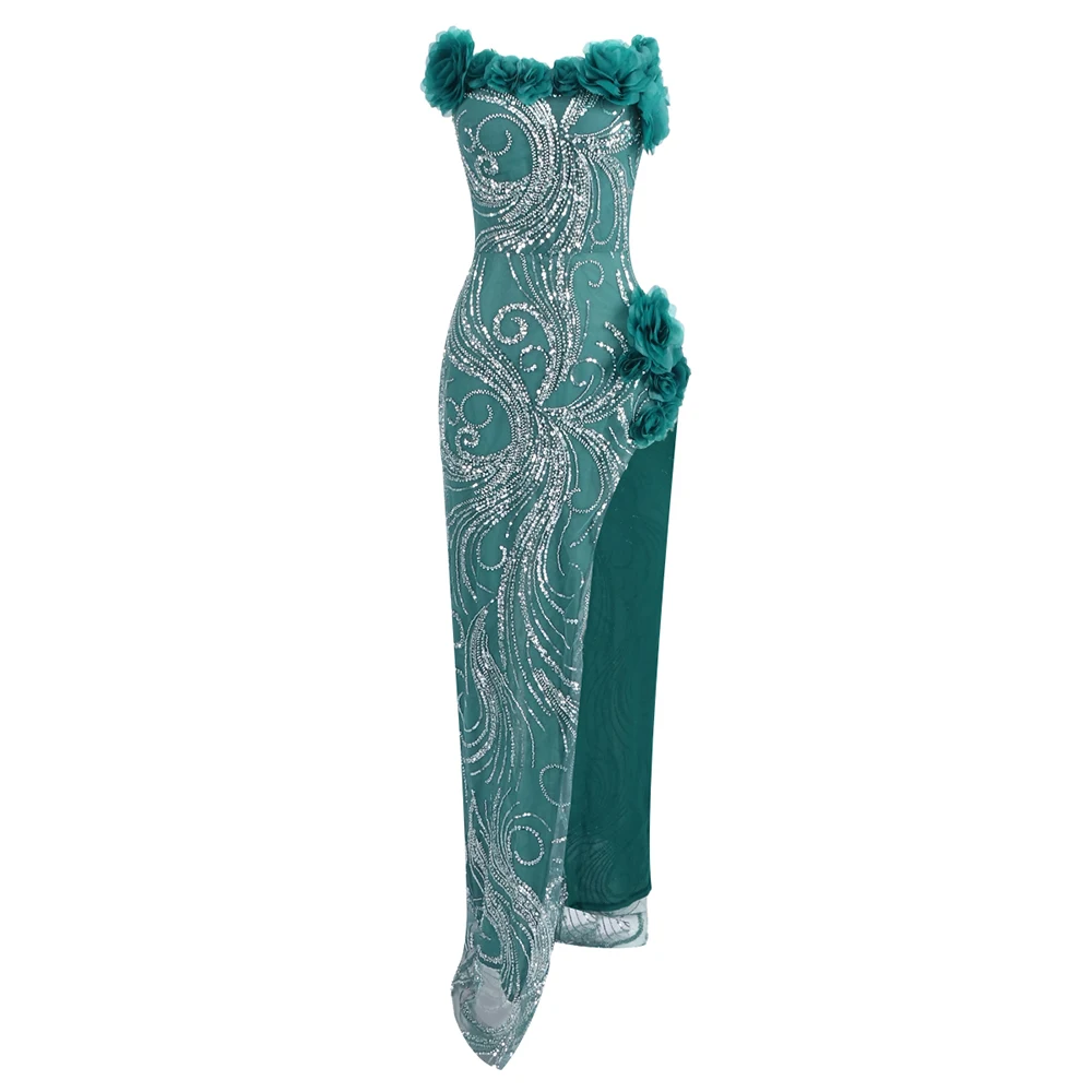 VC Emerald Green Pearls Details Off the Shoulder Embellished Slit Maxi Sexy  Dress Cocktail Party Evening Gowns - AliExpress 200000345