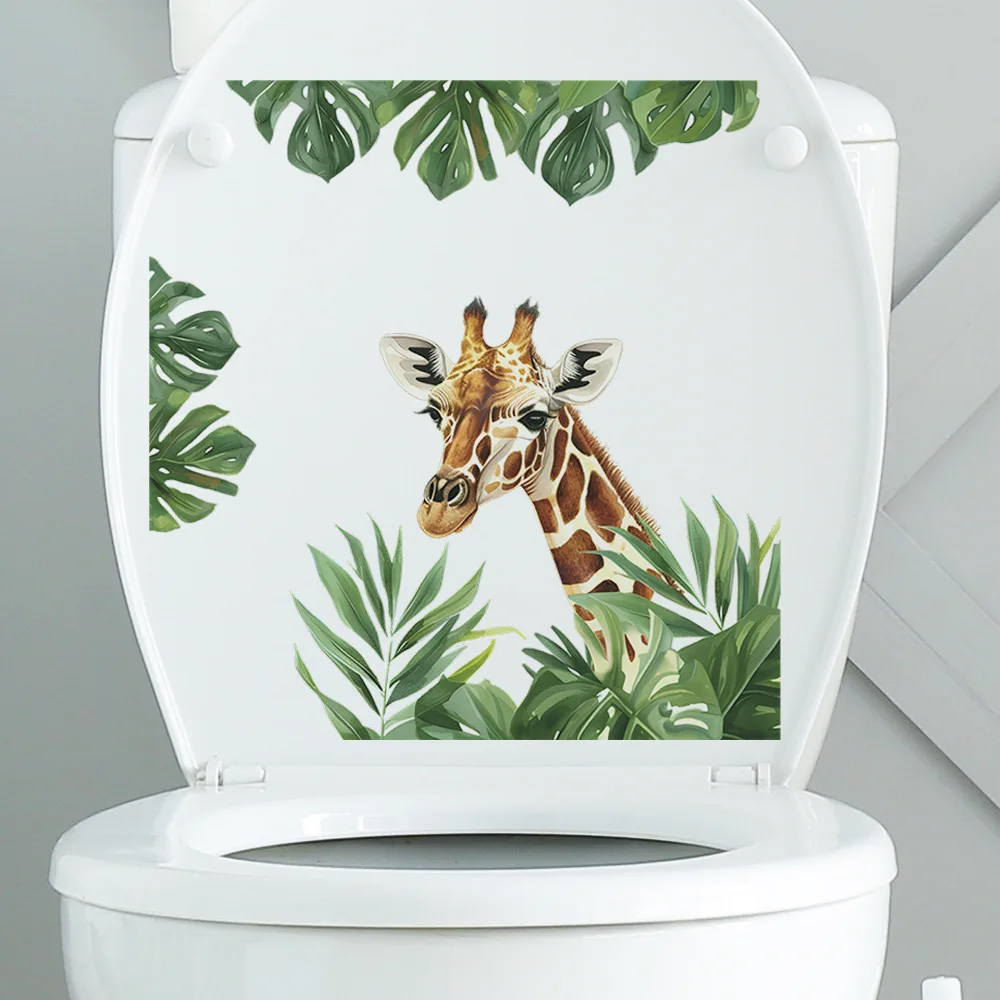 Water Resistant Toilet Lid Sticker Novelty Funny Toilet Seat Decals Cartoon Giraffe Green Leaves Toilet Sticker Bathroom Decor