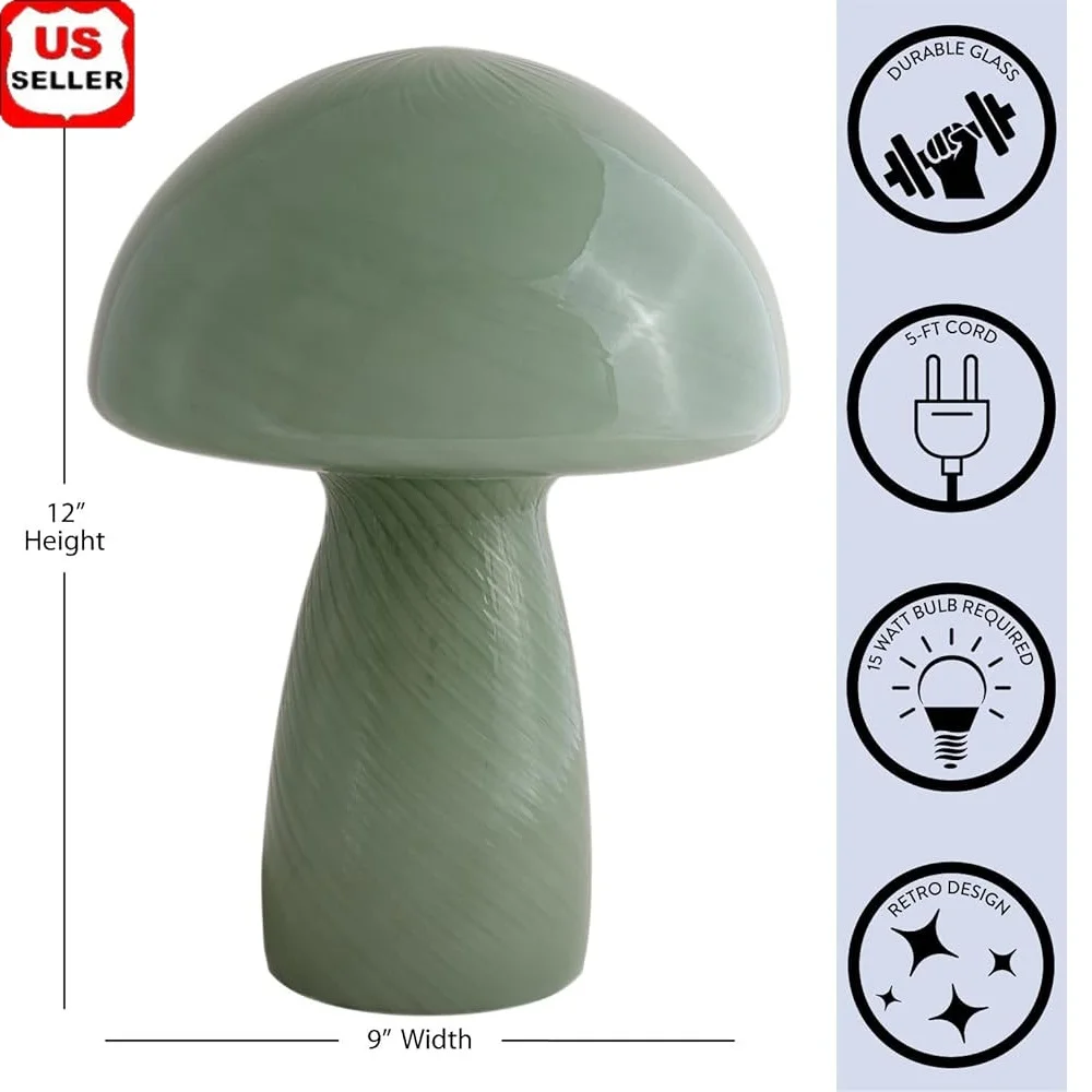 

Modern Retro Green Striped Glass Mushroom Table Lamp Bedroom Living Room Office Cozy Ambient Lighting Decor