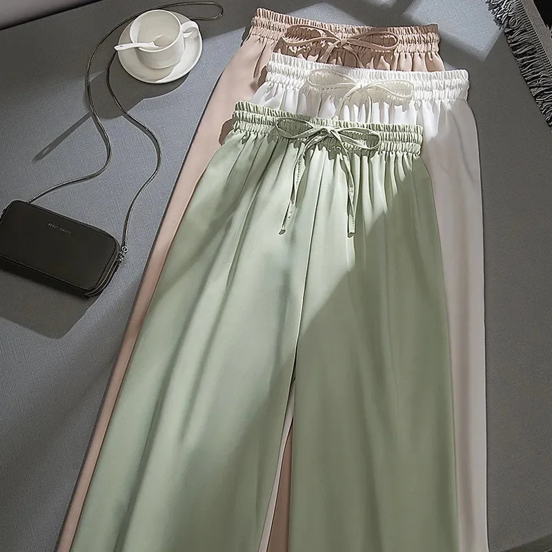 

2023 Fashion Chiffon Wide-leg Pants Women Spring Summer Ankle-Length Pants Loose Casual Pants Elastic Waist Straight Trousers