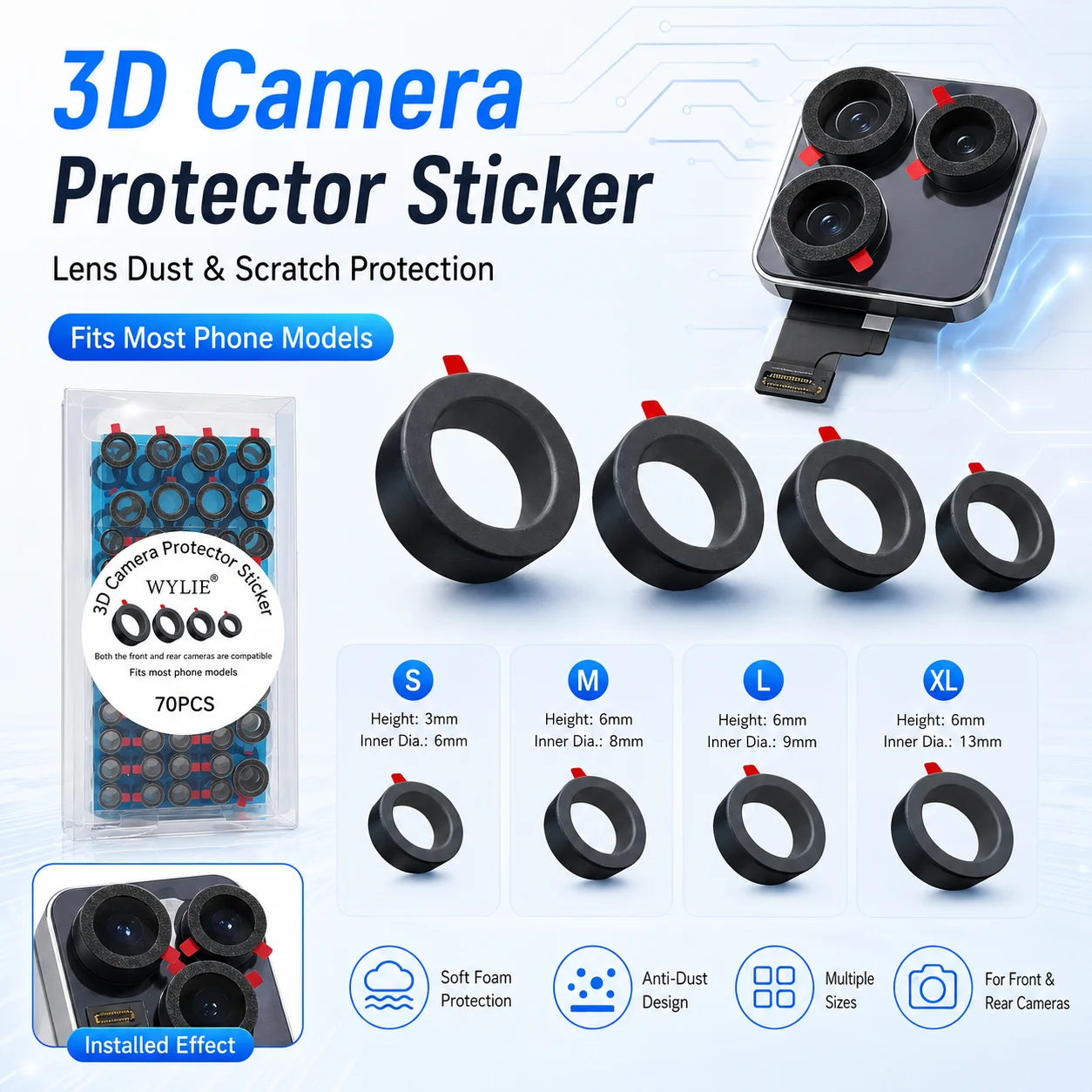 WYLIE 3D Camera Protection Sponge Sticker Front Rear Camera Repair Anti-Scratch Dustproof Pad for Phone Lens Replacement Tool