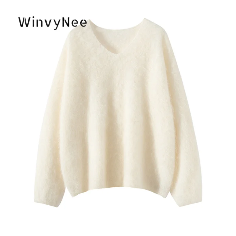 WinvyNee Women Brushed Knitwear 100% Cashmere Long Sleeve Pullover  V Neck Oversized Autumn Winter Plush Soft Warm Top A1924002
