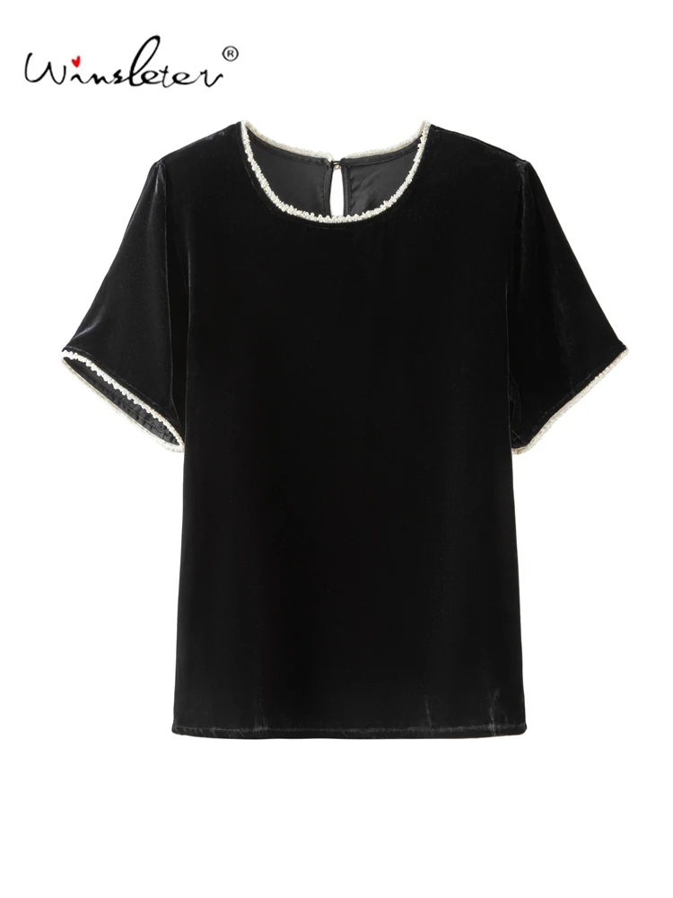 Winsleter-Silk Velvet Elegant T-Shirt, O Neck Short Sleeve Beading, Women Retro OL Commute Loose Top, 2026 Autumn New T69534CC