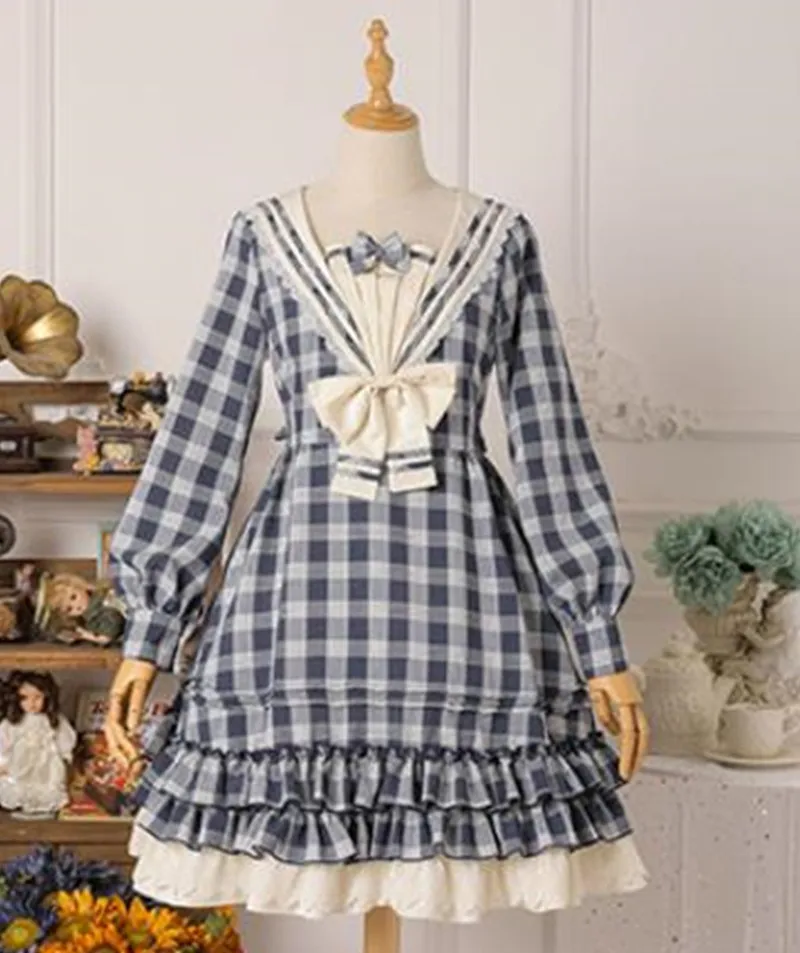 Lolita Dress Long Sleeve Plaid Sailor Bow and Ruffles Lolita One Piece Dress