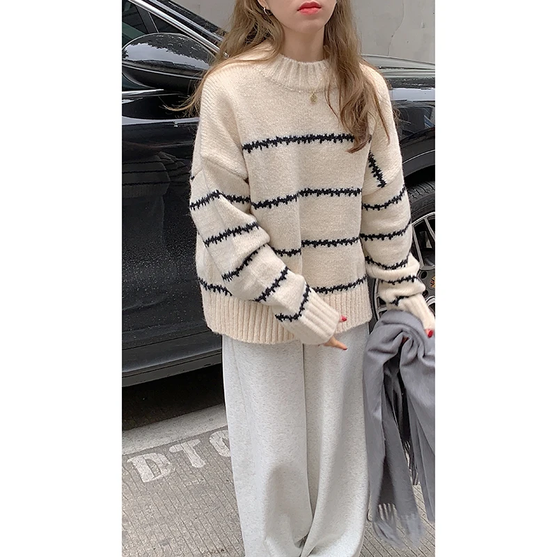 Maglione da donna a righe ondulate Pullover con collo a lupetto Maglione oversize a maniche lunghe Ragazza adolescente Autunno Inverno Abbigliamento