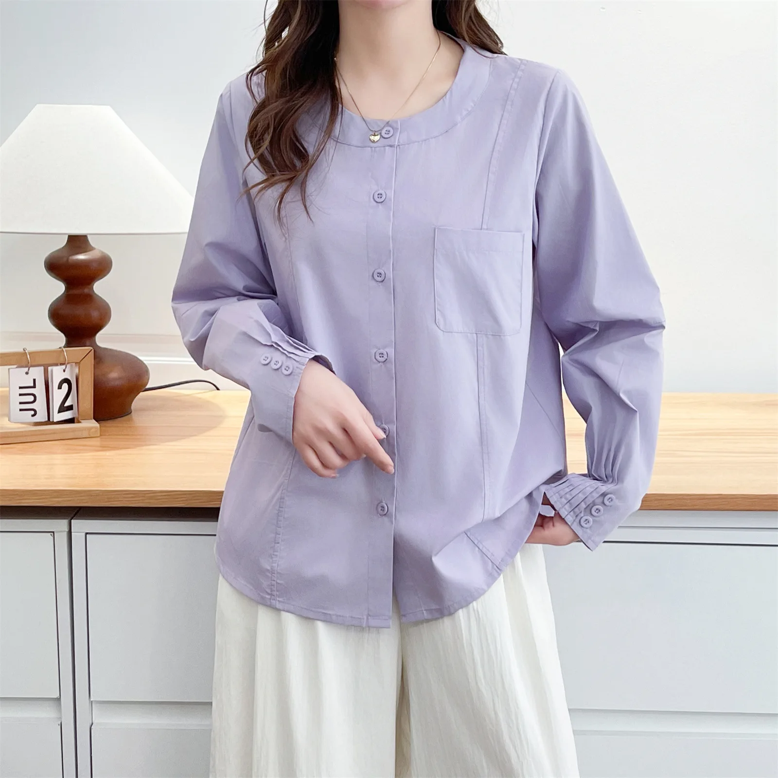 

2026 Spring Plus Size Women Shirt O-Neck Spliced Cardigan Long Sleeve Pleated Cuff Design Casual Blouse Tops For Ladies 6705