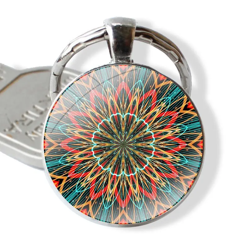 Blue totem mandala flower 25mm Glass Cabohcon Keychain Key Rings for Women Men Jewelry Gift