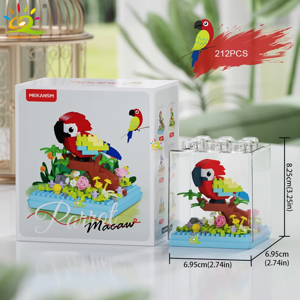 HUIQIBAO MOC Papagei Vogel Blume mit Display Box Micro Baustein Mini Diamant Modell Ziegel Spielzeug für Kinder Schreibtisch Dekor. – Detail 12