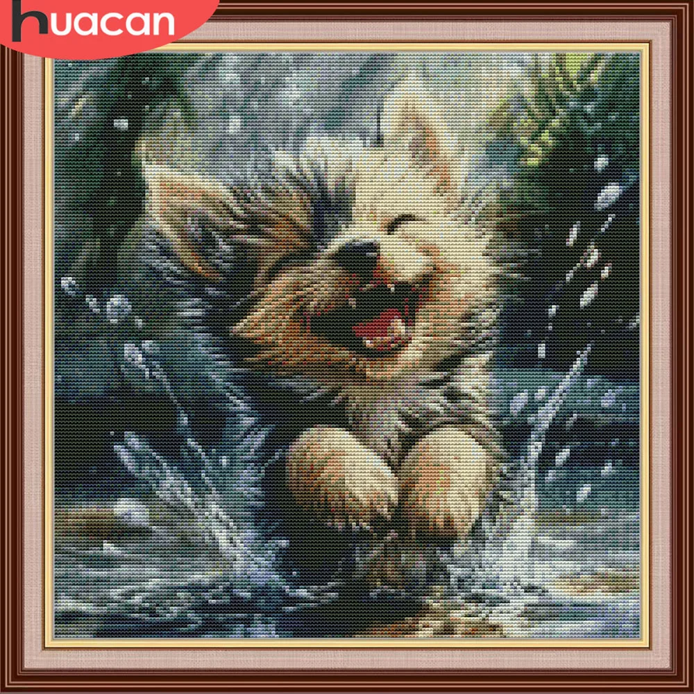 HUACAN Kreuzstichanzüge Hund Tier Stickerei Sets Muster Handarbeit 11Ct Bild Bedruckte Leinwand Wanddekoration