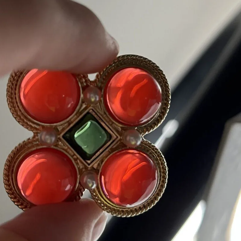 Byzantine Gripoix Style Cross Brooch Pin Gold Tone Red Green Jelly Cabochon