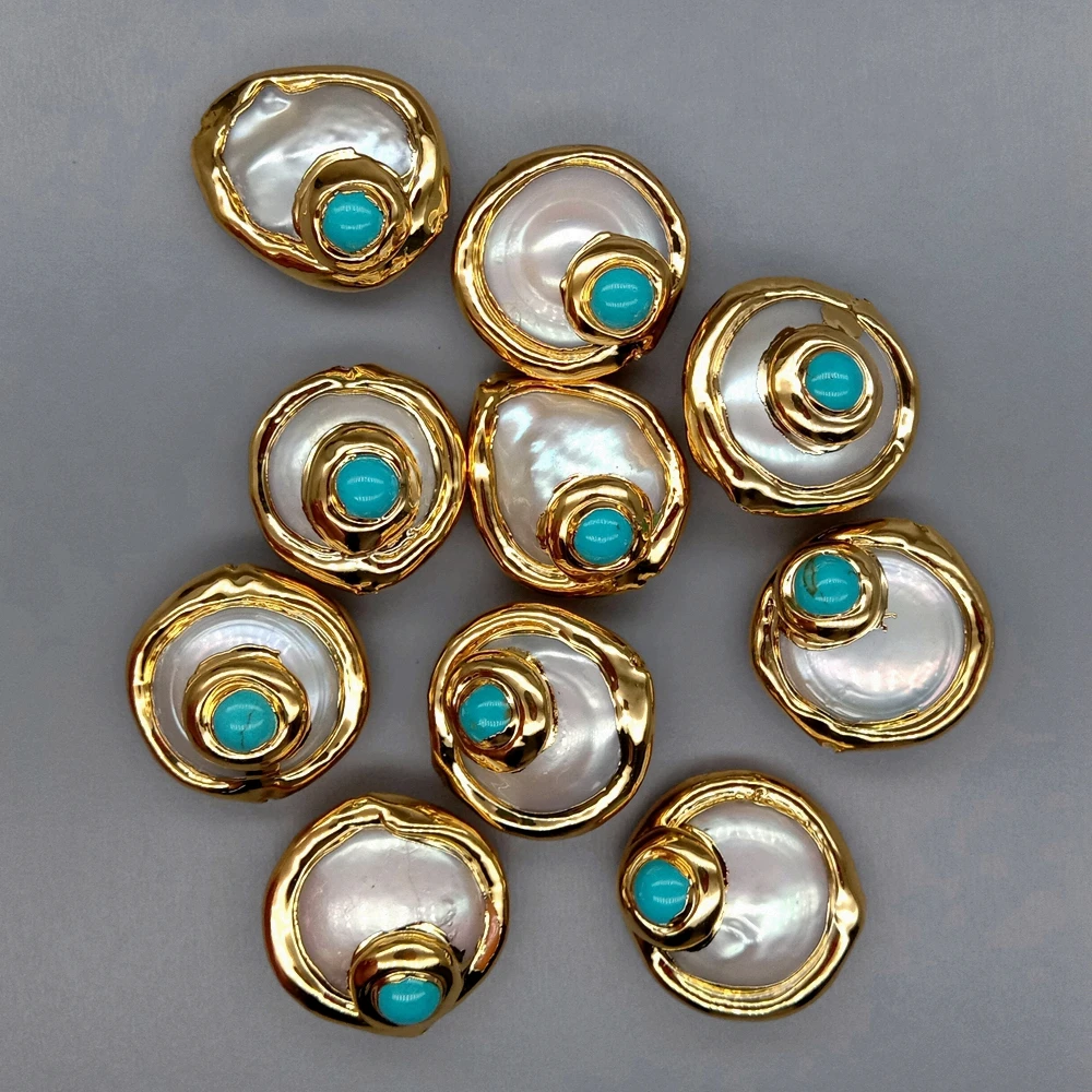Wholesale 10 pcs Freshwater Cultured White Coin Pearl Beads Trimmed With Blue Turquoise Metal Bezel