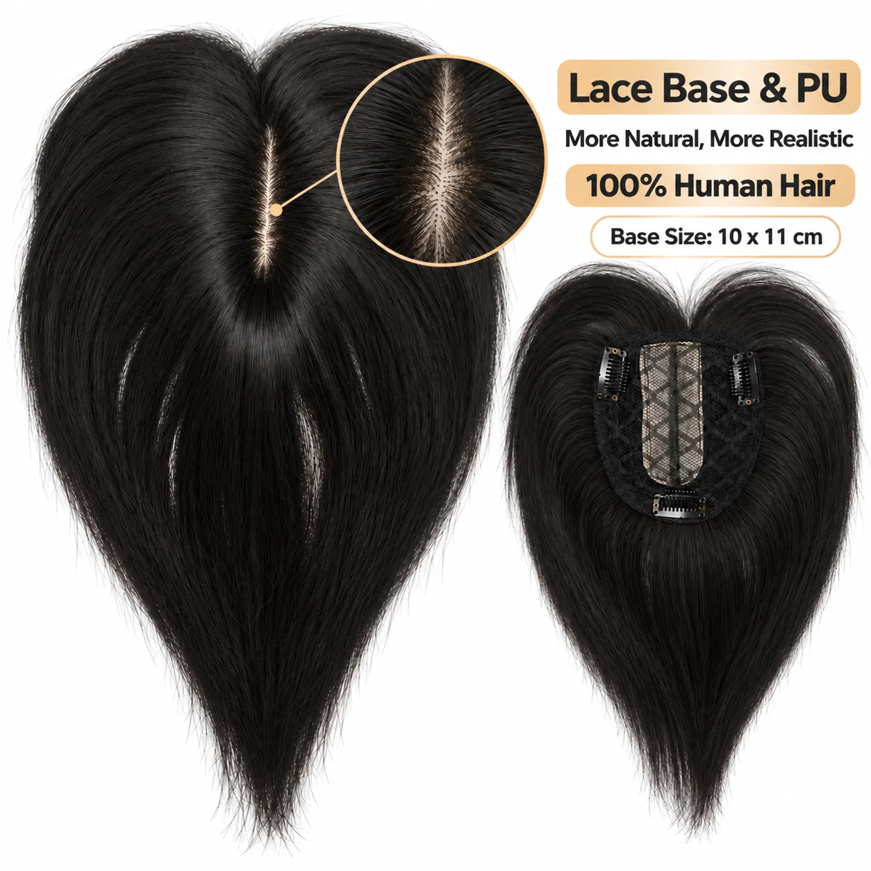 Women's Hair Toppers with Bangs 10x11cm Lace & PU Base Clip-In Real Human Hair Grey Cover for Thinning Hair