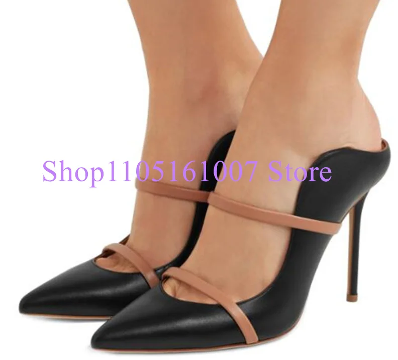 

Black Leather Strap Decor Lady Sandals Fashion Thin Heel Slip-on Mixed Color Woman Pumps Shoes Female Dress Party High Heels