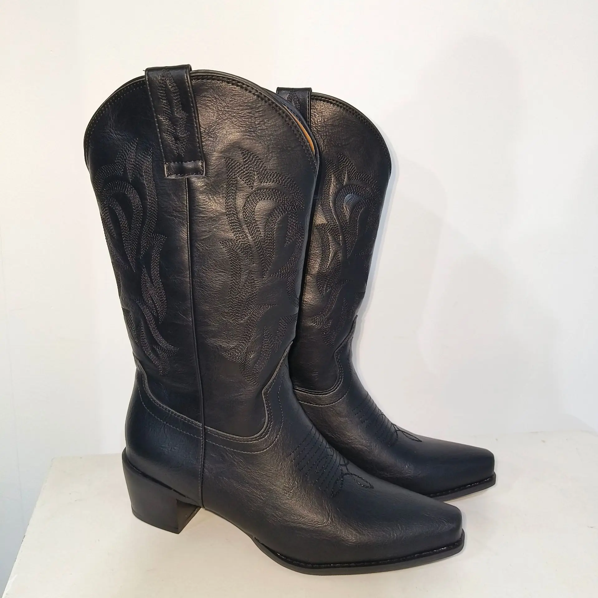 Embroidered Western Boots 2024 Autumn Winter Pointed Medium Thick Heel Women's Big Size Slip On Western Boots