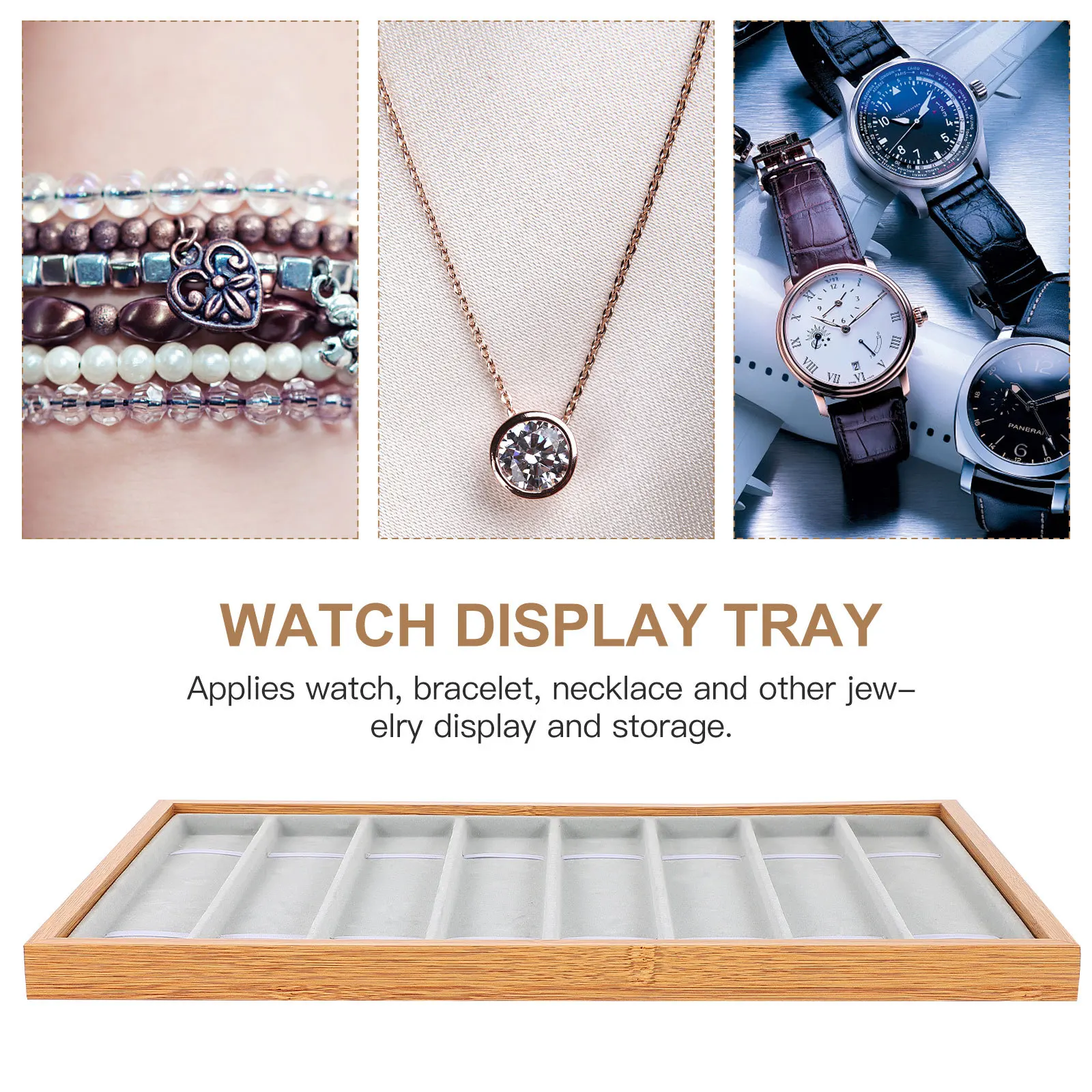 

1Pcs Watch Organizer Wooden Tray 8 Compartment Jewelry Display Holder Showcase for Watches Bracelets Watch Display Tray