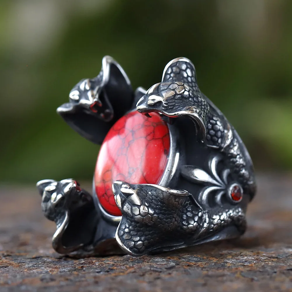 2024 New Creative 316L Stainless Steel Four snake heads and red zircon punk Ring For Men Fashion Biker animal Jewelry Gift