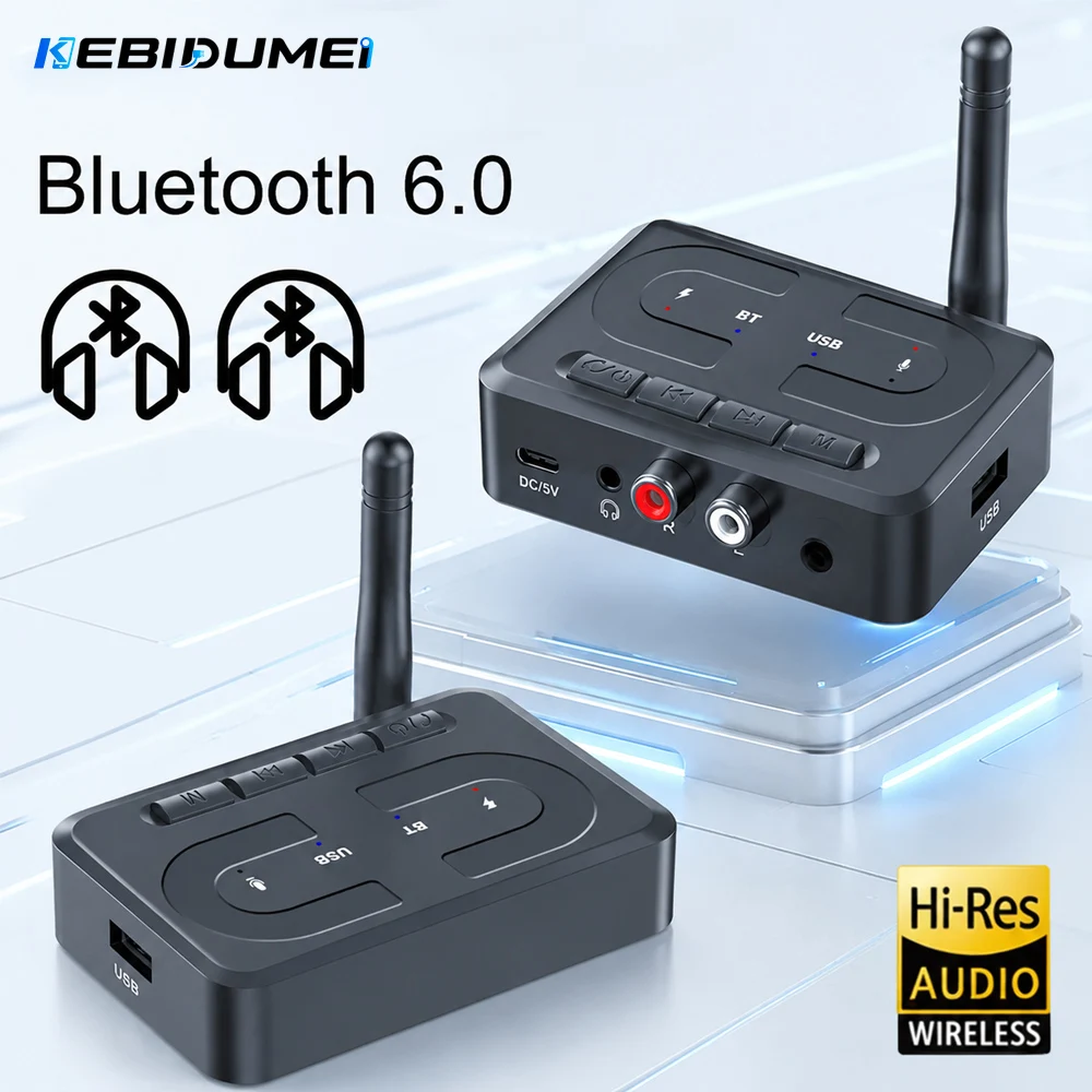 KEBIDUMEI Bluetooth 6.0 Audio-Empfänger USB U-Disk Musik-Wireless-Adapter mit HD-Mikrofonantenne 3,5 mm AUX RCA HIFI Stereo für Auto