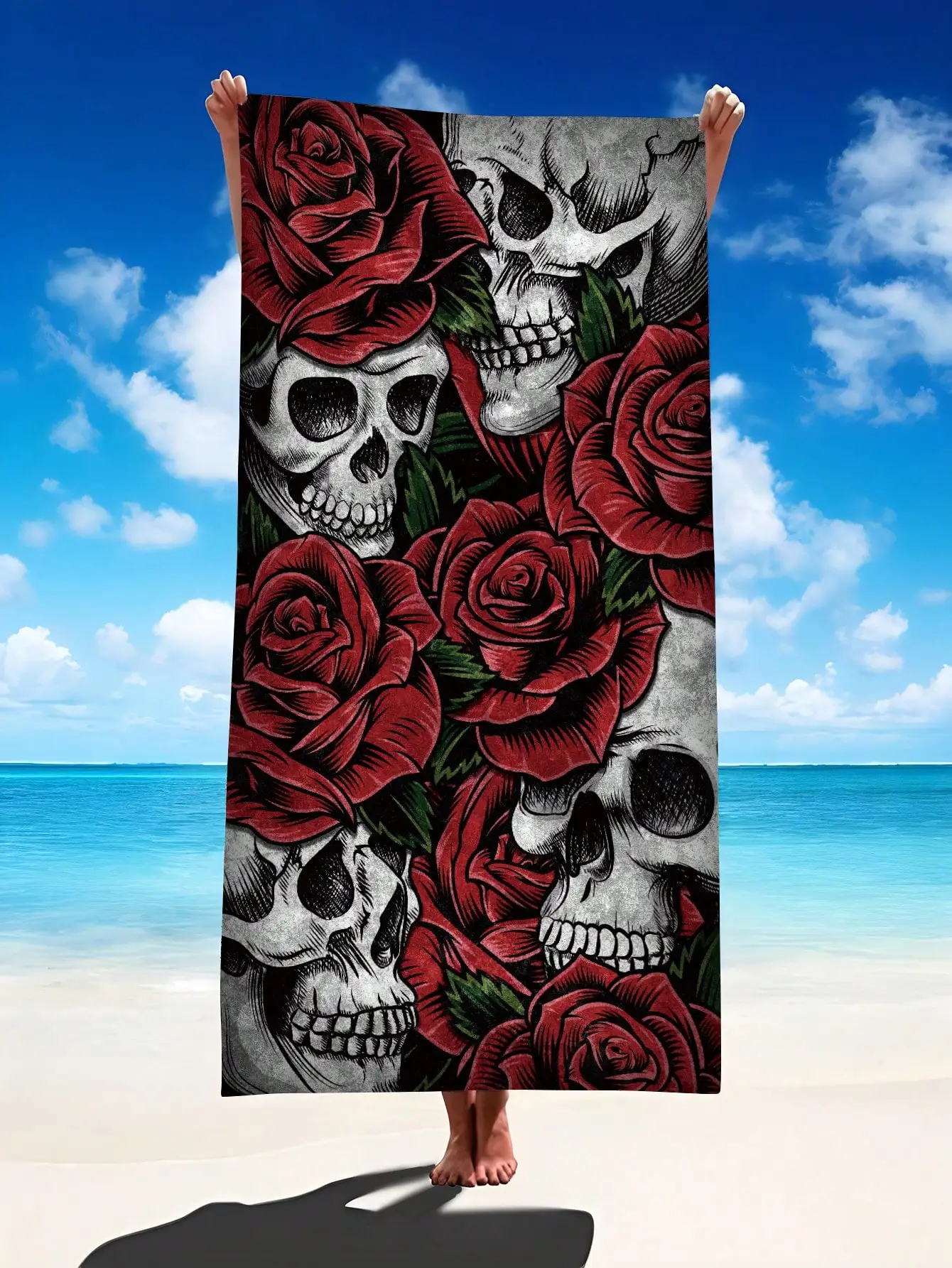 منشفة الشاطئ Rose Skull - كبيرة جدًا من الألياف الدقيقة فائقة الامتصاص وسريعة الجفاف، مثالية لحمام السباحة والشاطئ واليوجا والتخييم