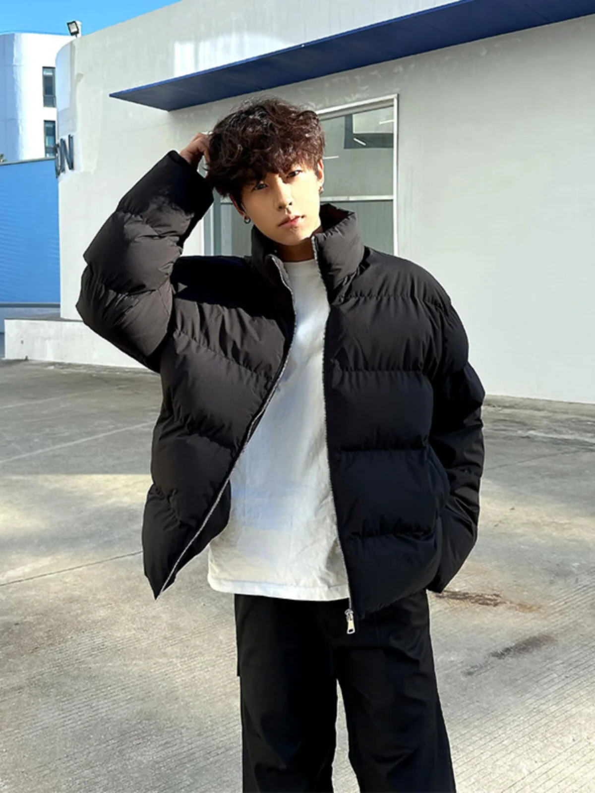 

Black Duck down Winter Jacket Men's Thickened Bread Style Cleanfit Stand Collar Cotton Coat Youth Fashion Regular Length Zipp...