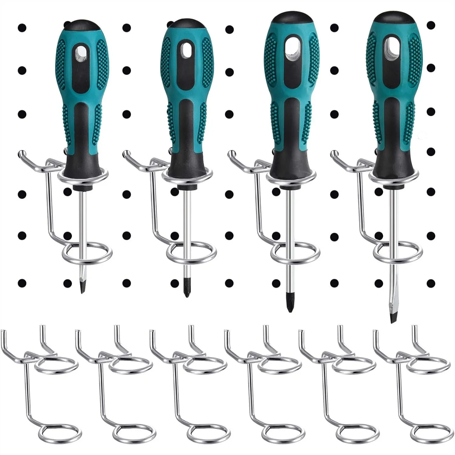 

12-Piece Screwdriver Organizer Tool Holders for Pegboard, Double Ring Storage Hooks for Garage Workbench Kitchen