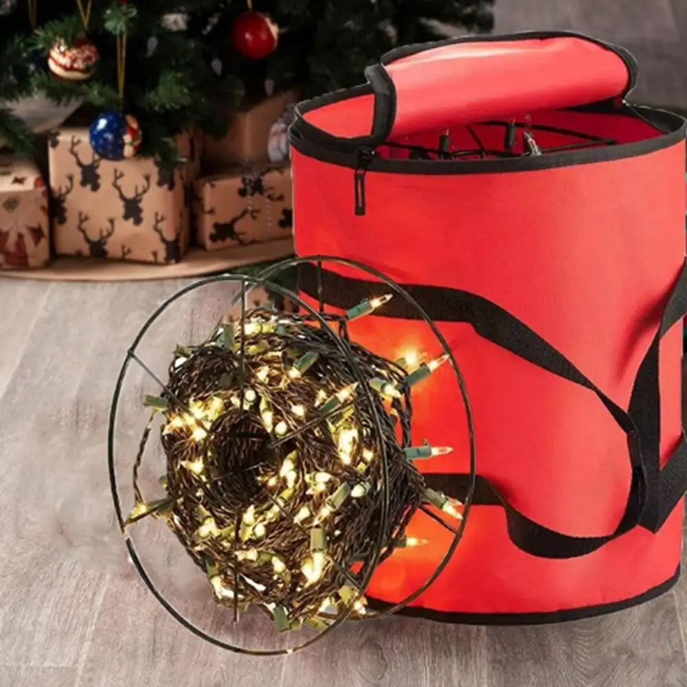 Red Christmas String Lights Storage Bag Round Large Capacity Christmas Storage Bag Waterproof with Handle Christmas Light Bag