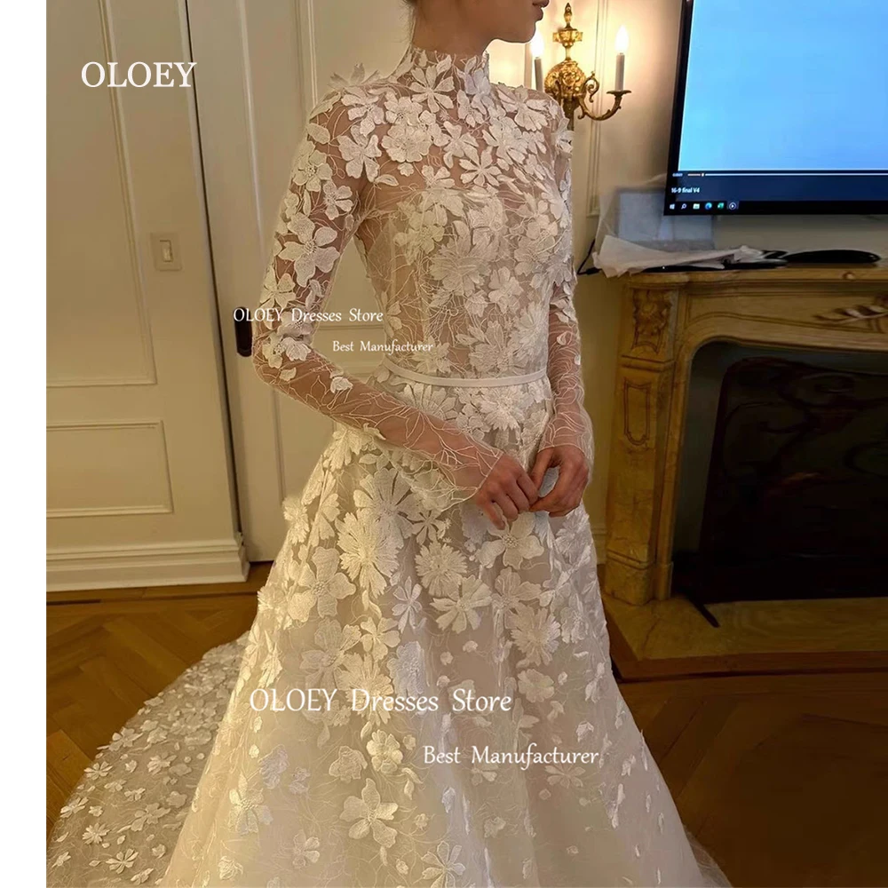 OLOEY Exquisite Ivory Wedding Dresses Photoshoot 3d Flowers Lace Bridal Gowns Floor Length High Neck Custom Corset Zipper Back