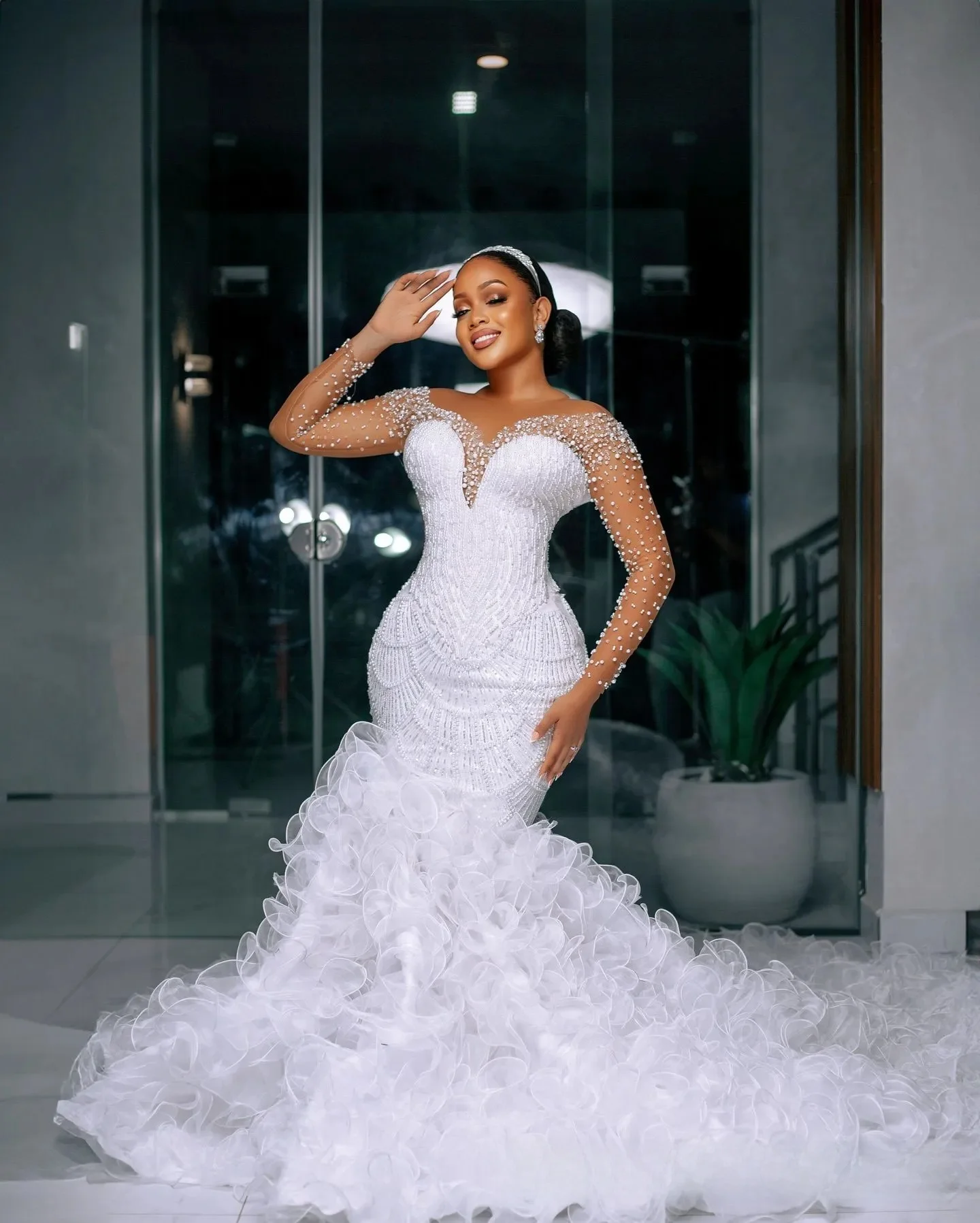 Customized Plus Size Wedding Dress Bride Mermaid Wedding Gowns Detachable Train Illusion Sheer Neck Long Sleeves Pearls Dresses