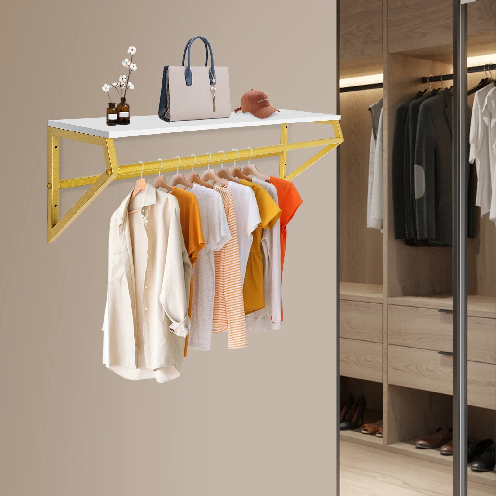 

Промышленная вешалка для одежды для труб с верхней полкой, настенная вешалка для одежды, сверхмощная многоцелевая вешалка для одежды, золотая