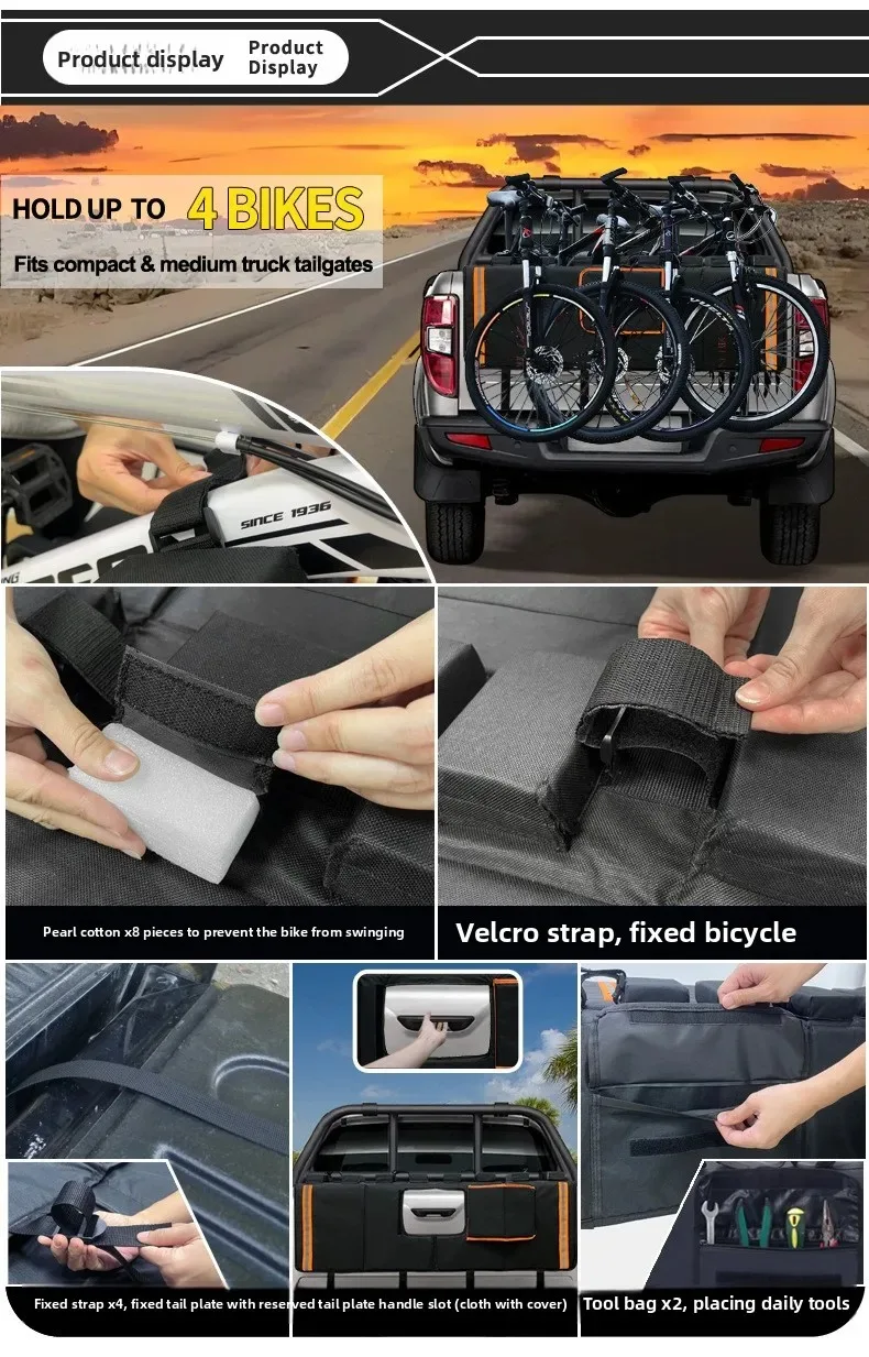 Heckklappenpolster für Mountainbikes, Pickup-Truck, Heckklappen-Schutzpolster mit 3 Werkzeugtaschen, 52 Zoll breit, für 5 Fahrräder – Detail 2