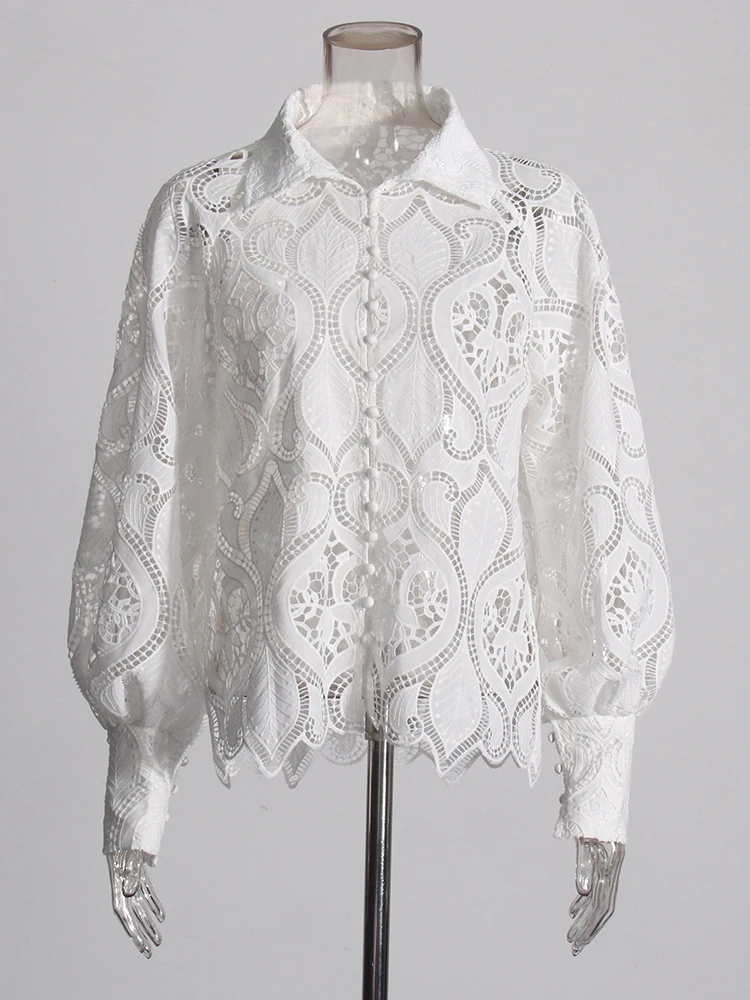 TWOTWINSTYLE Hollow Out Embroidery Chic Blouse For Women Lapel Lantern Sleeve Spliced Single Breasted Casual Shirts Female New