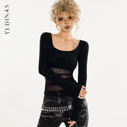 Yedinas Autumn Tops Long Sleeve Korean Fashion Women's T-shirt Sexy Slim 2000s Clothes Y2k Solid Tees Female Clothing Tshirts