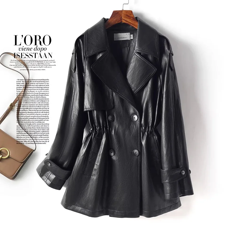 New Women Split Leather Trench Coat Spring Autumn Fashion Turn-down Collar Double Breasted Slim Waist Coat Casual Leather Trench view 5