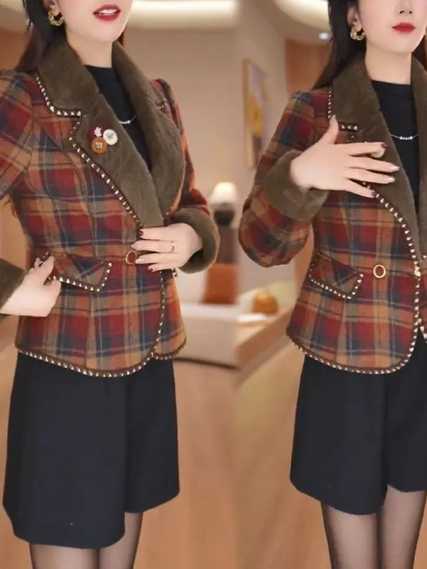 

High-End Faion Plaid ort Coat Women's 2026 Winter New Sle Slimming Print Top Women's Trendy Button-Up Ele Sle