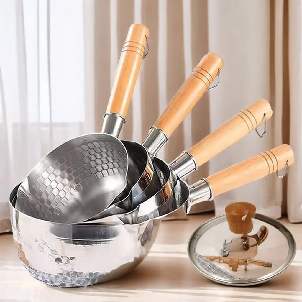 

Stainless Steel Saucepan with Lid Solid wood handle with hook Multipurpose Sauce Pan with Pour Spouts, Sauce Pot, Cooking Pot