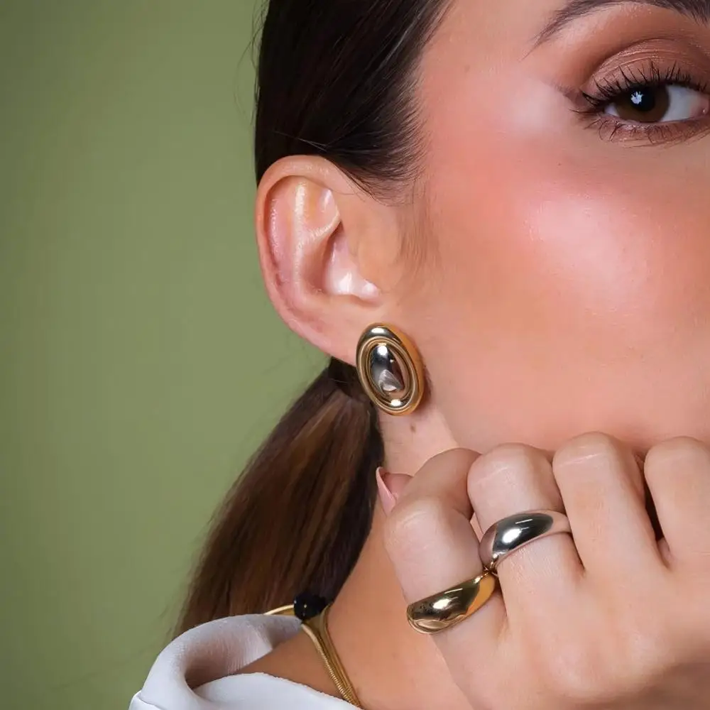 الحد الأدنى الفولاذ المقاوم للصدأ البيضاوي PVD مطلي الذهب مختلط اللون أقراط المرأة اليومية للماء مجوهرات اكسسوارات #3