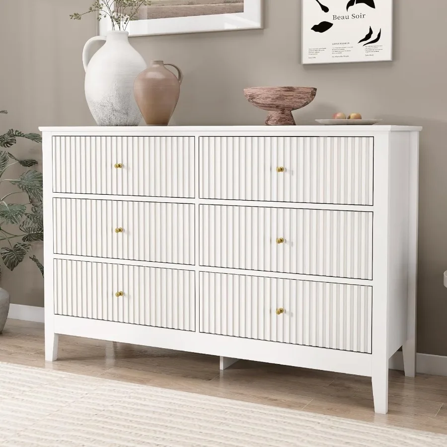 6 Drawers Dresser Fluted Chest of Drawers with Storage Modern Wide Storage Dresser with Paint Design Wood Drawer Organizer for