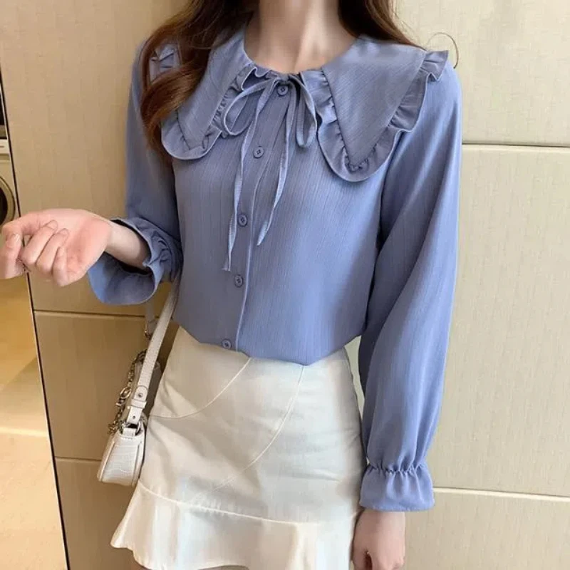 Japanese Style Sweet Autumn Women Solid Ruffles Bow Lacing Single Breasted Fashion Preppy Style Loose Long Sleeve Shirts Tops