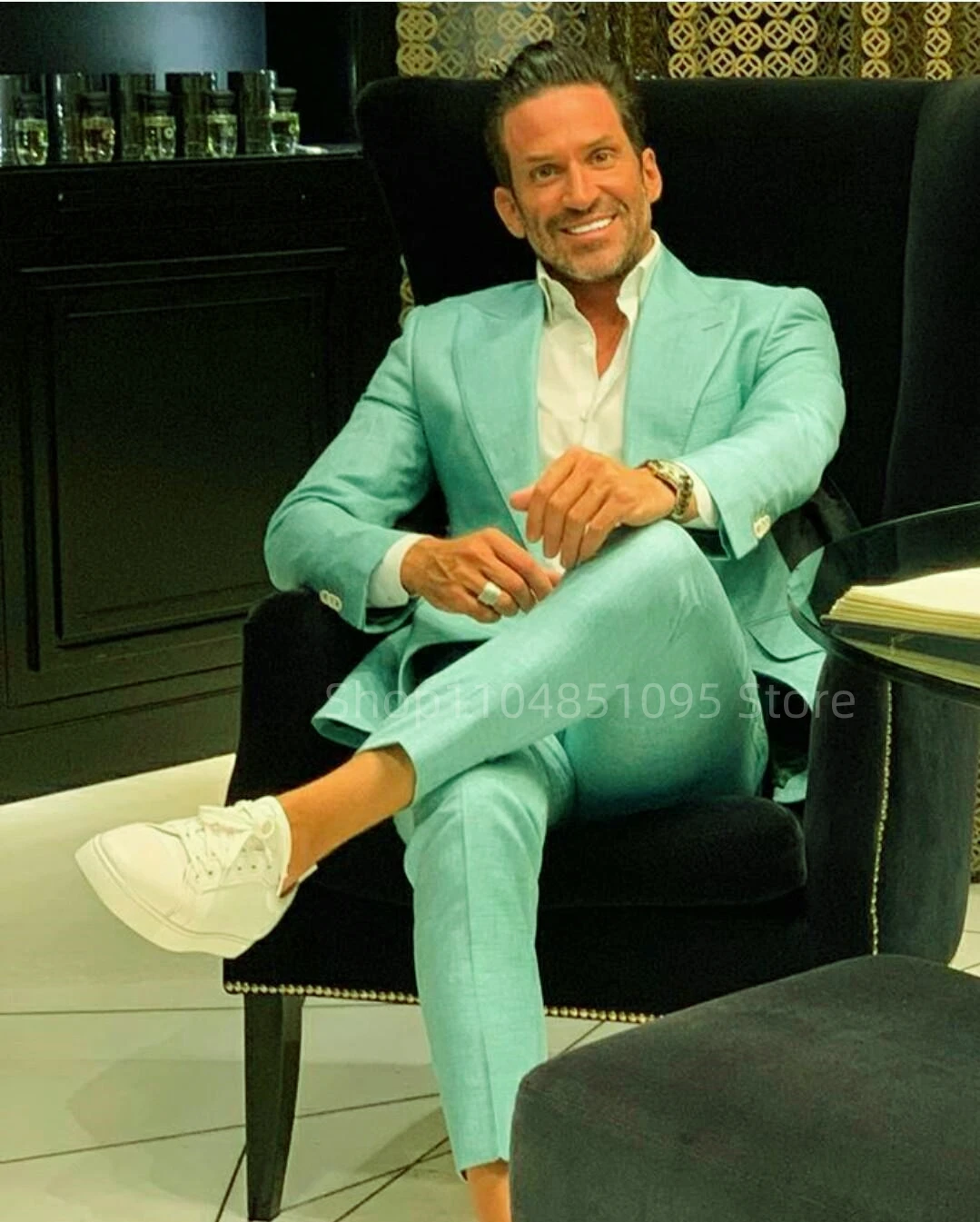 

Mint Green Men's Slim Fit 2 Piece Suit Set One Button Peak Lapel Blazer Jacket Pants Groom Tuxedo Set for Prom Wedding/Business